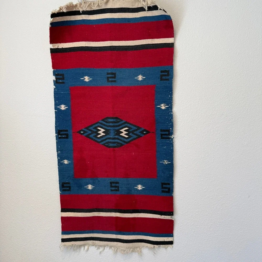 Vintage Southwestern Handwoven Wool Rug Red Blue Geometric Tribal Wall Hanging